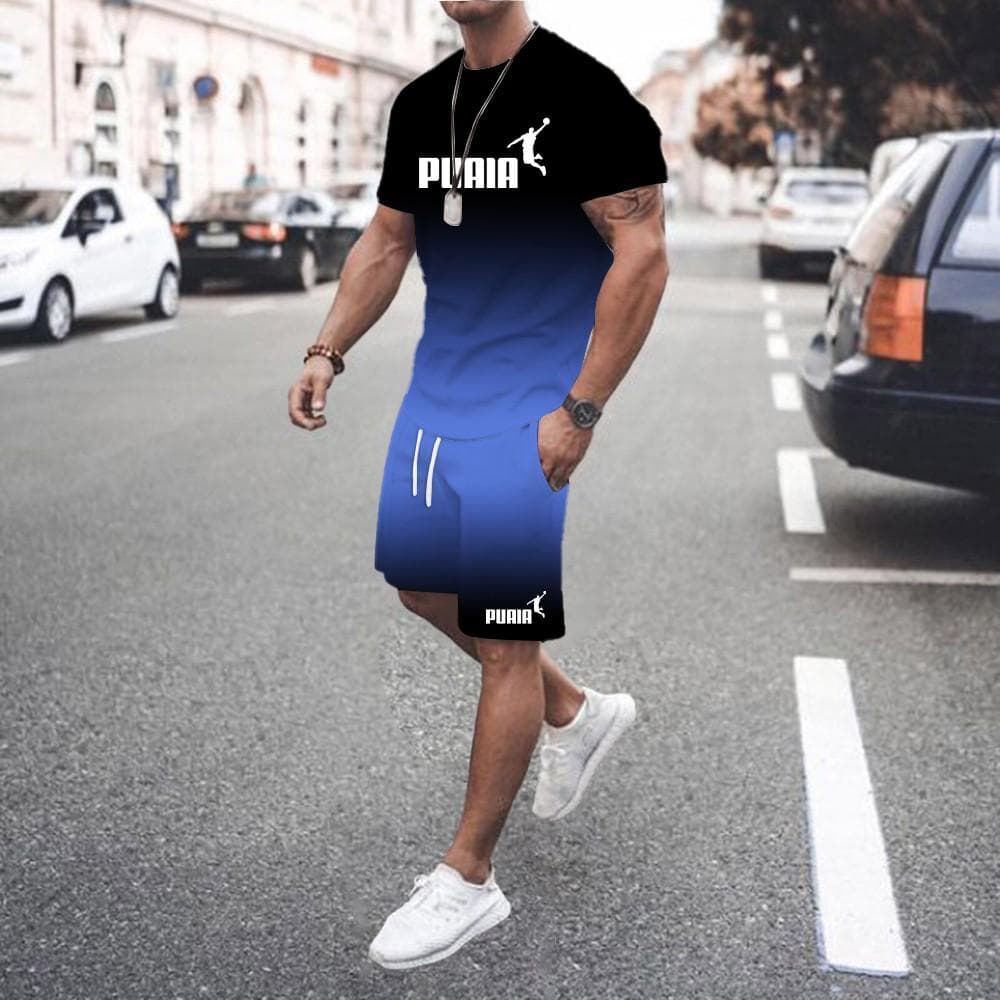Summer hot sale men's 3D men's gradient suit fashionable casual men's short-sleeved T-shirt + shorts two-piece sportswear set M