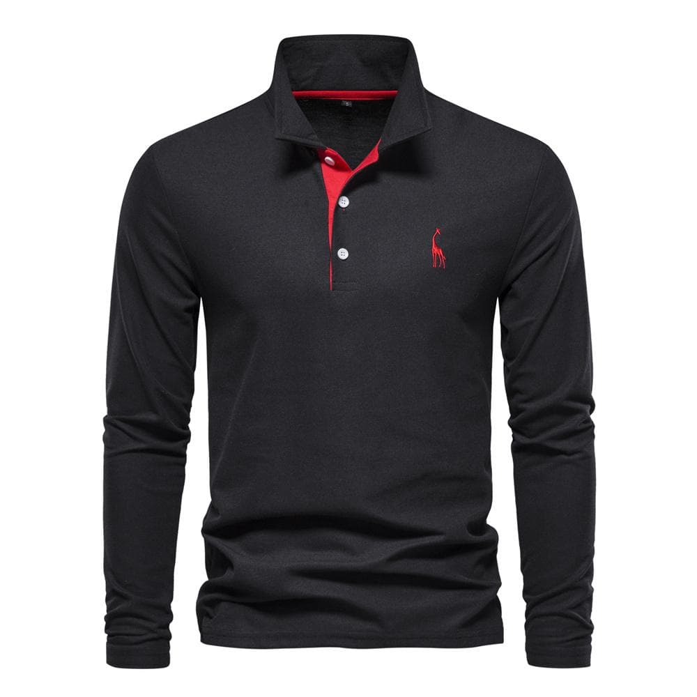 AIOPESON Giraffe Embroidery Men's Polo Shirts Solid Color Long Sleeve Polo Shirts for Men New Spring Social Business Polos Male S 60-70kg black