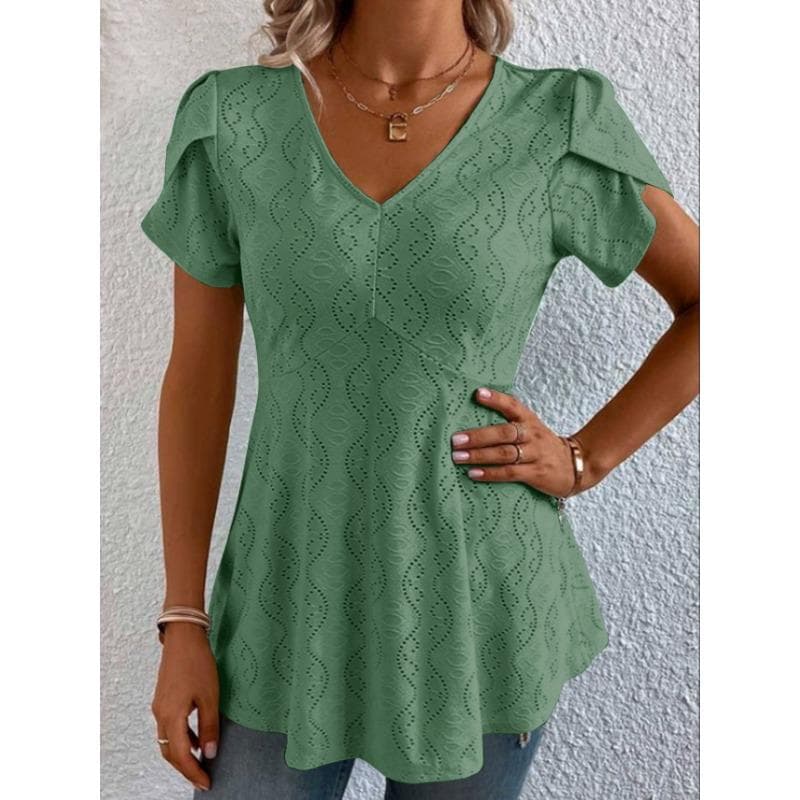 Summer Solid Colour V-neck Comfortable Casual T-shirt Short Sleeve Top for Women XXXL green