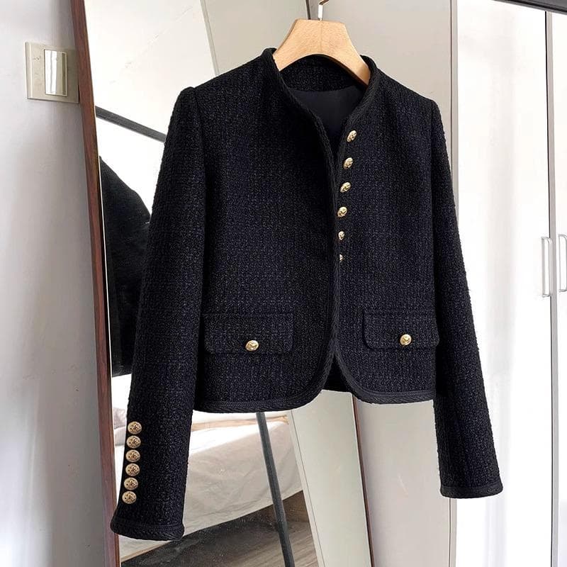 New Autumn Black French Black Gold Short Small Fragrance Retro Tweed Jacket for Women L black