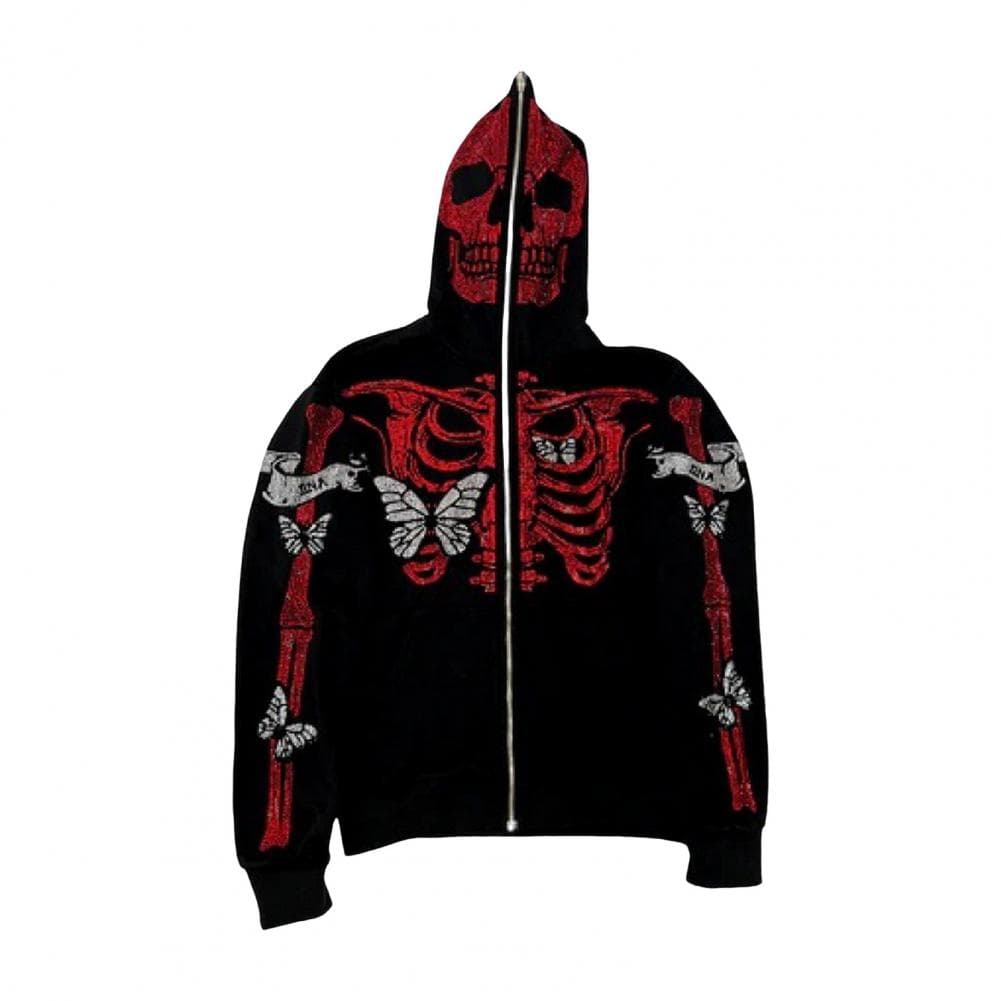 Unisex Halloween Hoodie Rhinestone Ghost Skeleton Pattern Zipper Closure Hooded Pockets Long Sleeves Party Cosplay Costume Fall L red