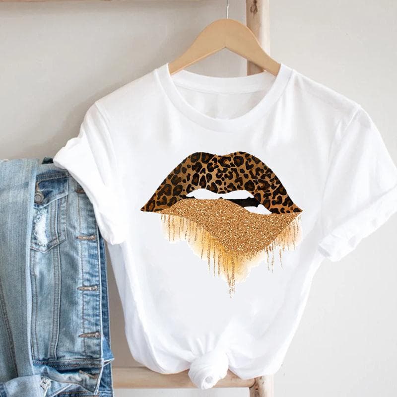 Tee Top Summer Fashion Women Print Tshirt O-neck Leopard Trend Lip Lady Female Clothing Casual Short Sleeve Graphic T-shirt S