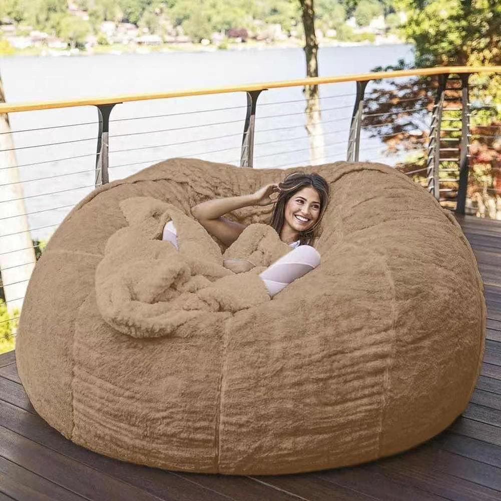 Home Sponge Bed Bean Bag Chair Cover Slipcover Double Bedroom Balcony Large Couch Round Soft Fluffy khaki