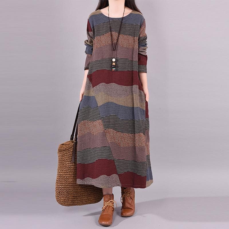 Spring New Literary Loose Splicing Striped Cotton and Linen Round Neck Long-sleeved Dress Women's Medium and Long M