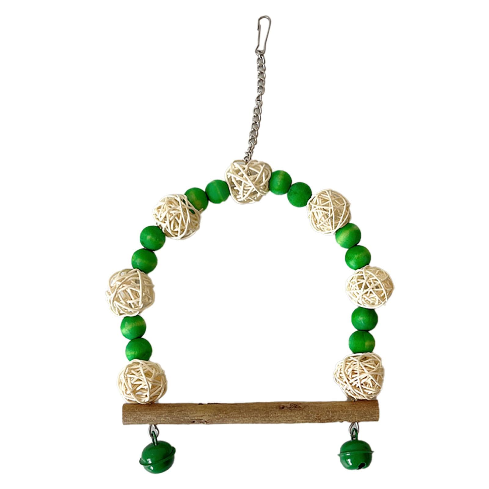 Bird Swing Toy Colorful Wood Beads Rattan Ball Parrot Swing Perch with Bells for Cockatiels green
