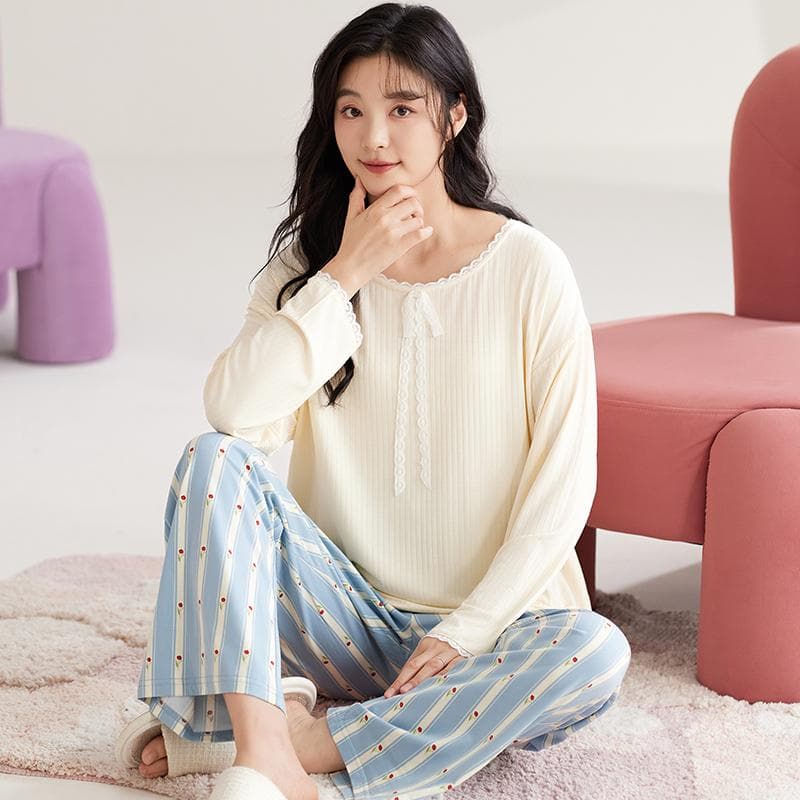 Blue Flower Pajamas Set Women Sleepwear Long Sleeves Long Pants Autumn Winter Cute Pijamas Cozy Pyjamas Soft Pj Girls Kawaii Pjs 2XL