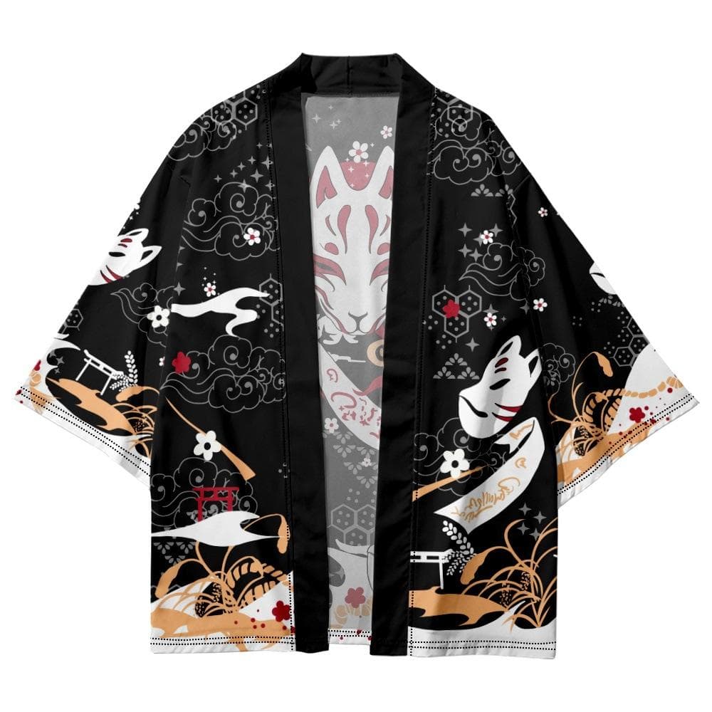 Fox Printed Kimono Men Women Cardigan Haori Yukata Japanese Shirt Clothing 5XL black