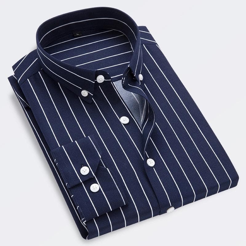 Men's Slim Korean Style Casual Striped Long-Sleeve Shirt L dark blue