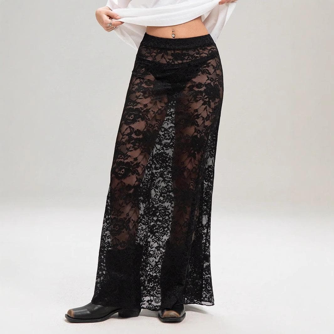 Style Summer Versatile Lace Sexy Long Skirt Street High Waist Skirt XL black