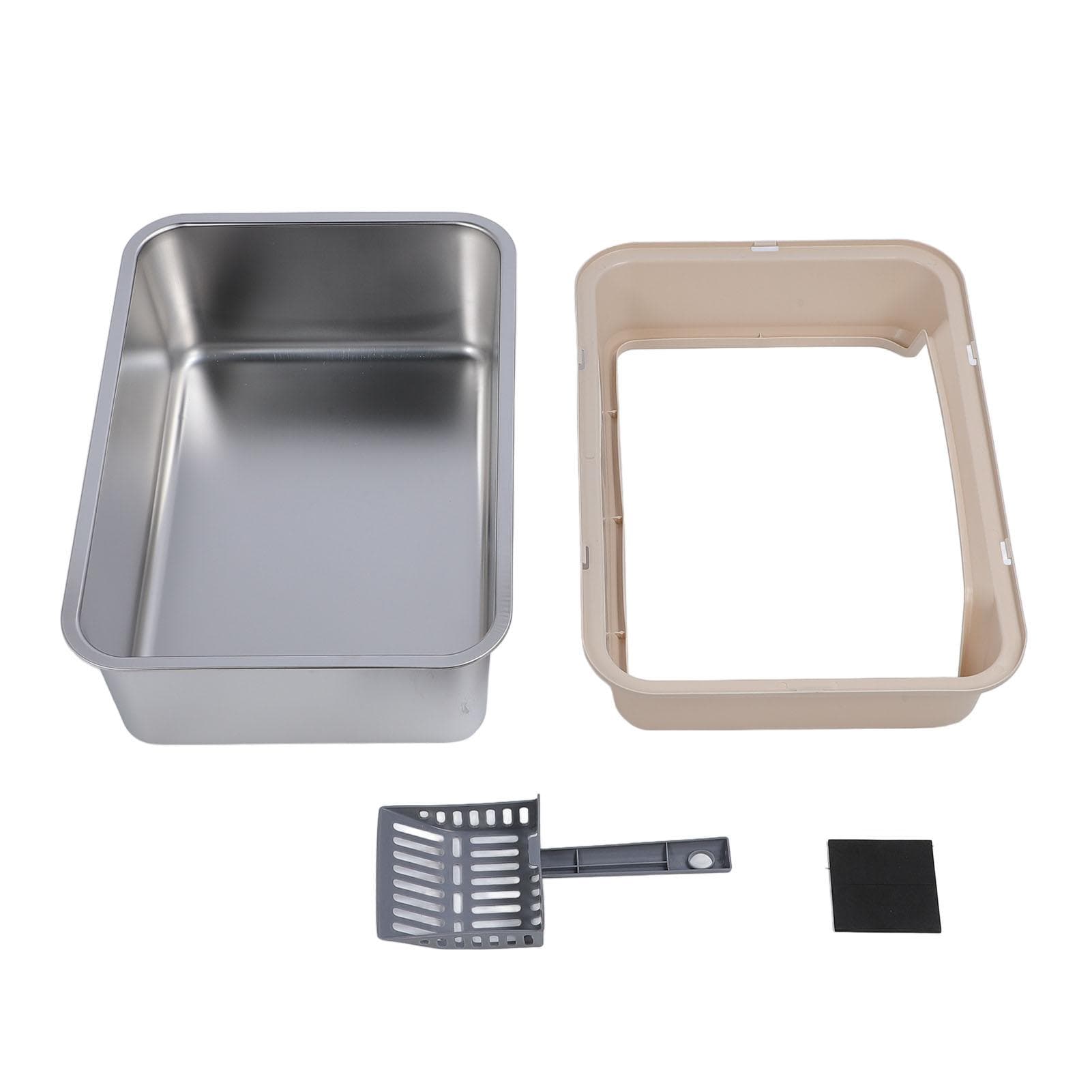 Stainless Steel Cat Litter Box Anti Splashing Top Entry Large High Sided Kitty Litter Pan with khaki
