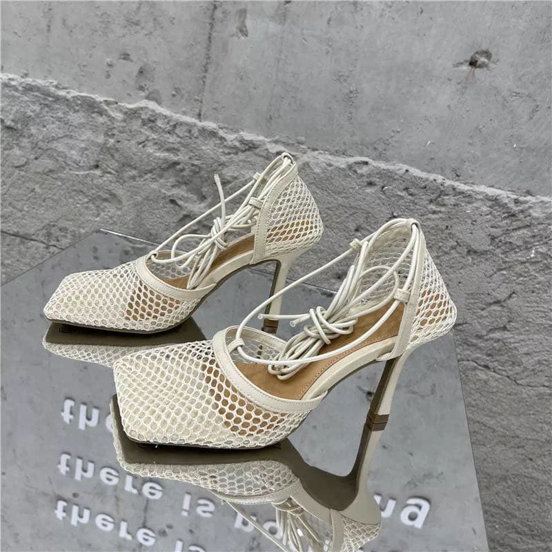 Sexy Mesh Pumps Sandals Female Square Toe High Heel Lace Up Cross Tied Stiletto Hollow Dress Pumps Shoes 39 beige