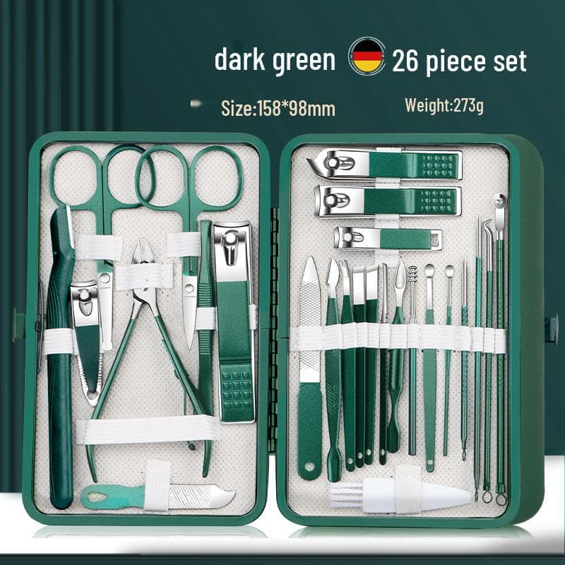 Dark Green 26-Piece Stainless Steel Manicure Nail Clippers Set with Dead Skin Clippers, Nail Scissors, Nail Tools 26pcs