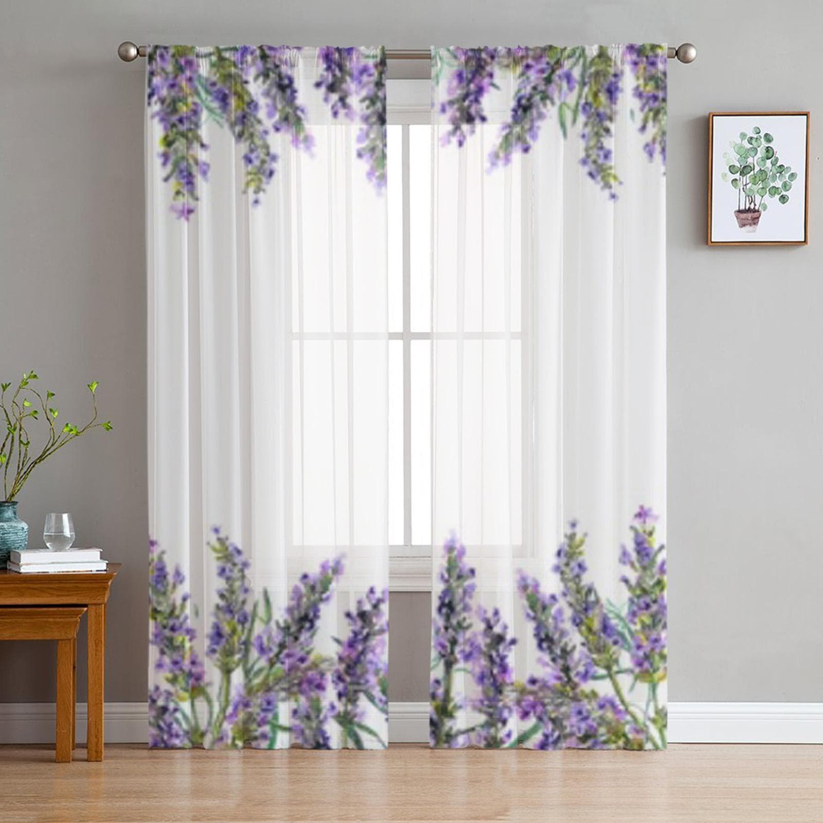 Watercolor Lavender Flowers Sheer Curtains for Living Room Transparent Tulle Window Curtain Bedroom Kitchen Decor Veil Drapes 135W x 114H(cm)