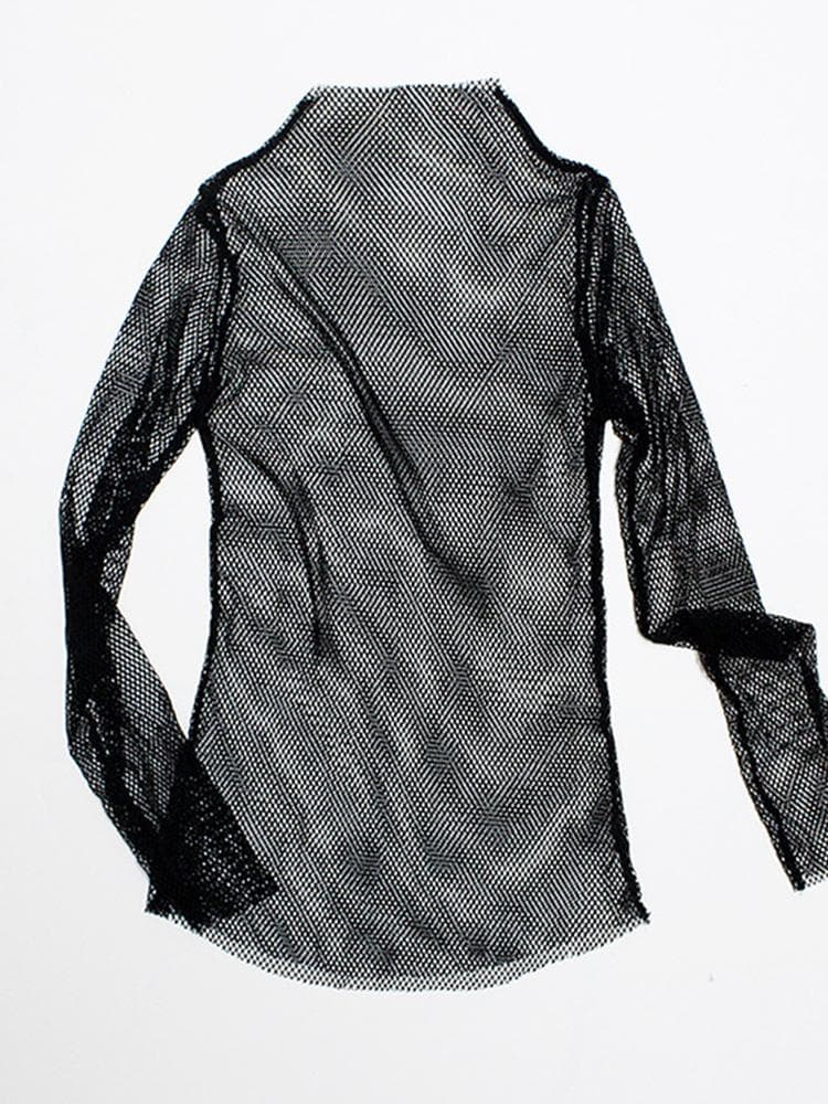 Women Fishnet Mesh See-through Black shirts Female Harajuku Sexy Long Sleeve Tee Tops One size black