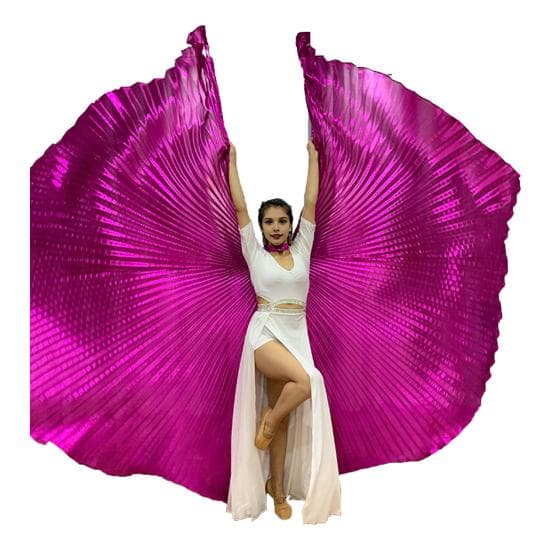 1 Set Performance Cape with Telescopic Rod 360 Degree Belly Dance Wings Egyptian Costume Pleated Bright Color Luster Surface rose red