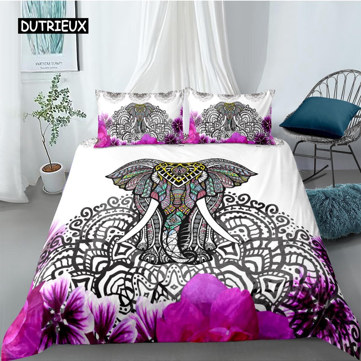 Elephant Duvet Cover Set Bohemian Style Decorative Quilt Cover Set Soft Microfiber Double Queen King Size Polyester Bedding Set AU Single(140x210cm)