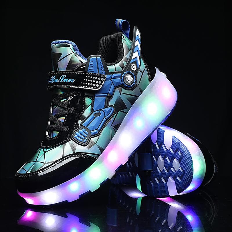 Double Wheel Roller Skates Children's Retractable Automatic Wheel Sports Shoes USB Charging LED Light Sports Shoes 33 blue