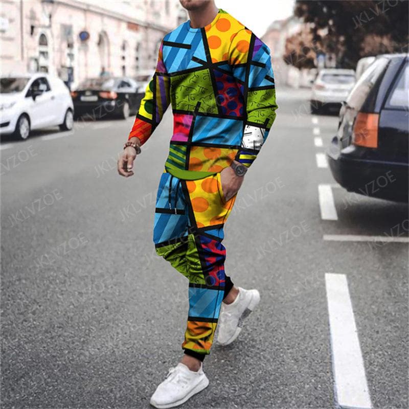 Spring Men's Tracksuit Set Color Splashing Ink Print T-shirt Long Sleeve Pant Casual Streetwear 2 Piece Suit Fashion Outfits M