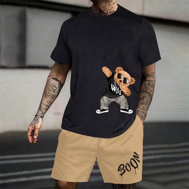 2025 Fun Bear Harajuku T-Shirt Men's Summer Loose Daily Couple Suit Outdoor Street Short Sleeve Shorts Two Piece Men Summer Suit 4XL