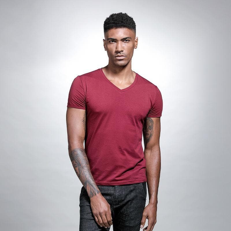 Men's Slim Fit Solid V-Neck White T-Shirt - Short-Sleeved, Sweetheart Collar, Tight Bottoming Shirt 4XL