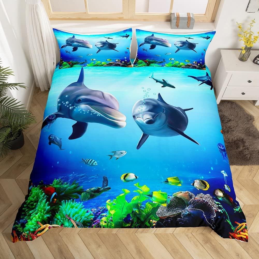 Blue Dolphin Bedding Set, Comforter Queen Full Size,Ocean Animal Bedding for Boys Kids, Teen Boy Bedding with Pillowcases 3pcs US King(264x228cm)