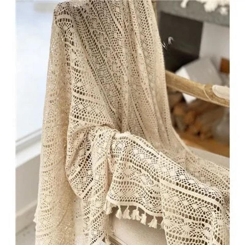 Knitted Floral Pattern Lace Tablecloth Beige Hollow Tassel Round Table Cover Cloth Knitted Striped Home Decoration Dust Cover 50x50cm 1pcs
