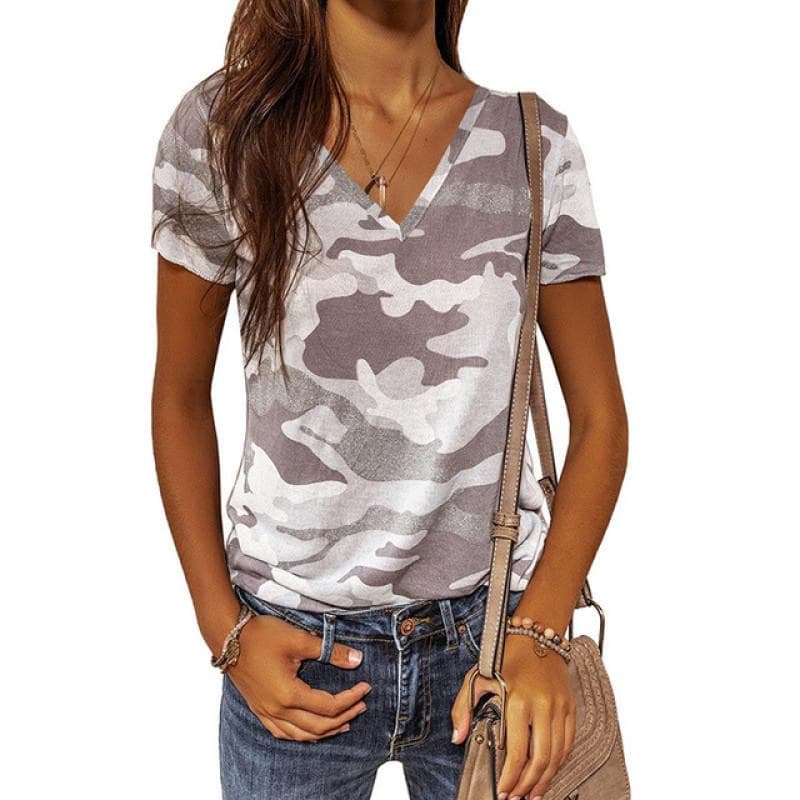 Summer Women's T-shirt Camouflage V-neck T Shirt Ladies Fashion Short Sleeve Tops Retro Streetwear Fashion Clothes Female Casual L