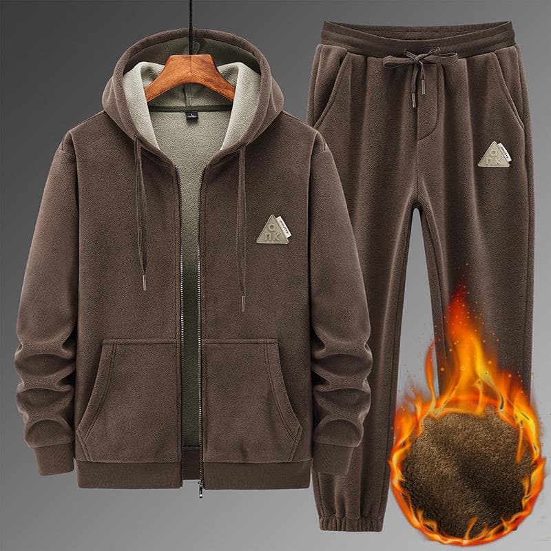 Winter Plush Men's Set, Lamb Plush Hooded Sweater, Cotton Pants, Casual Sports and Warmth Protection Set XXL brown