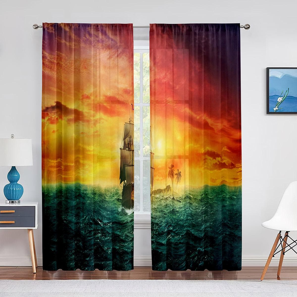 Sailboats Ship on Ocean Sunset Red Sky Tulle Sheer Window Curtains for Living Room Bedroom Modern Tulle Voile Curtain Decoration 1 PCS W100XH250cm&Grommet Top