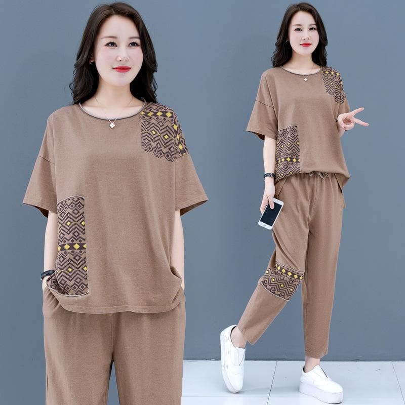 New Summer Large Size Two-piece Set Slimming Middle-aged Mother Women's Clothing Sports Suit for Women Fat MM Women's Clothing 4XL brown