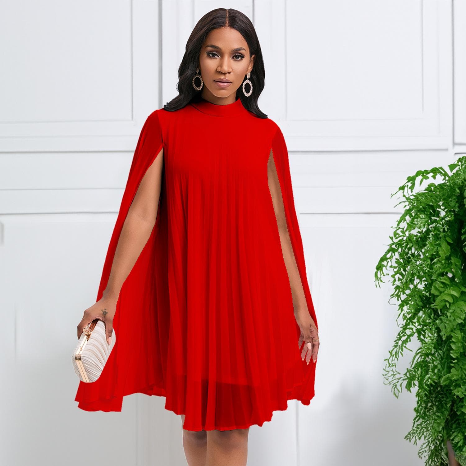 YYFS Women's Fashion Spring Fall Solid Color Print Long Sleeve Half Turtleneck Loose Waistline Casual Dresses XXXL red