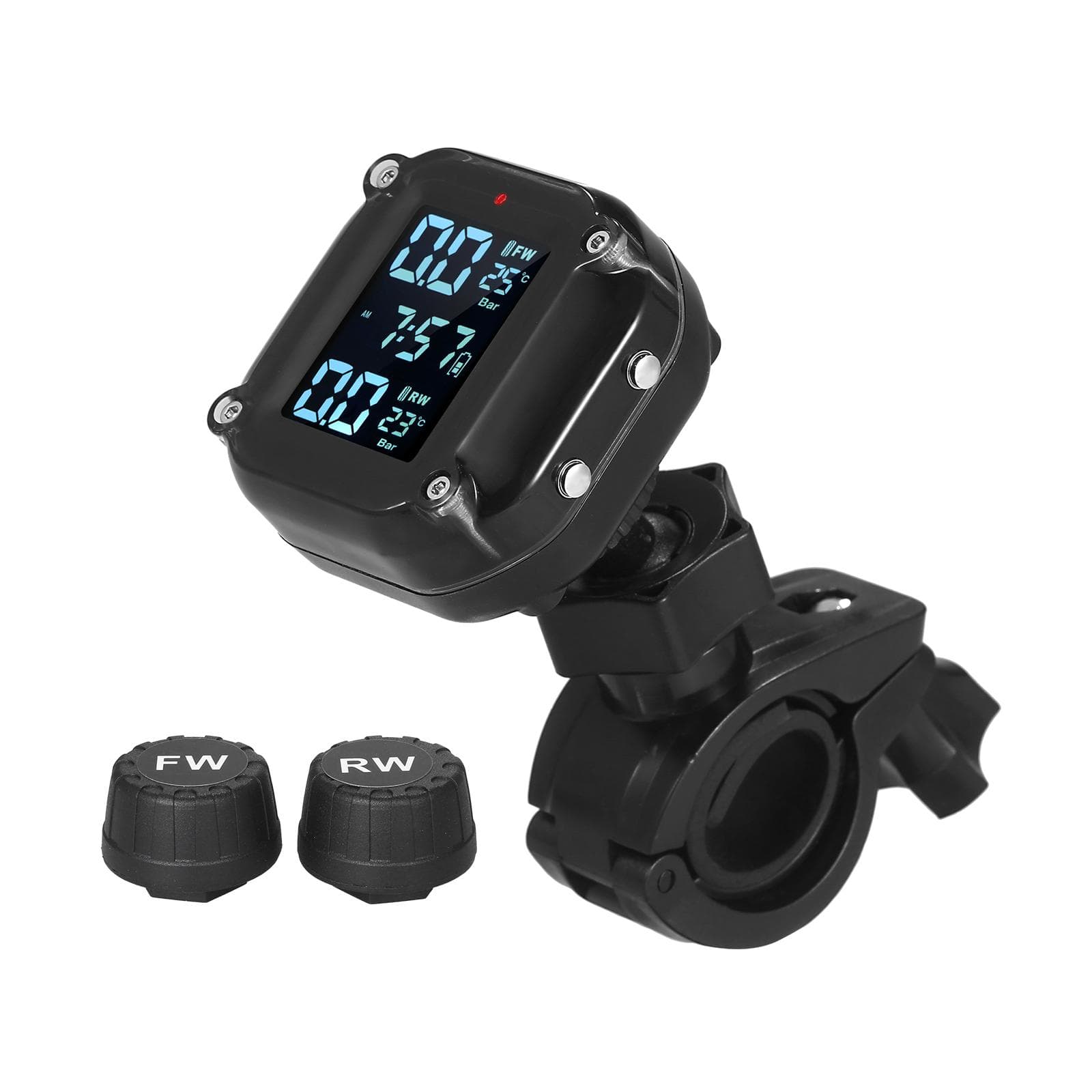 Waterproof Motorcycle Tire Pressure Monitoring System 7 Alarm Modes Wireless TPMS Auto Wake Up and black