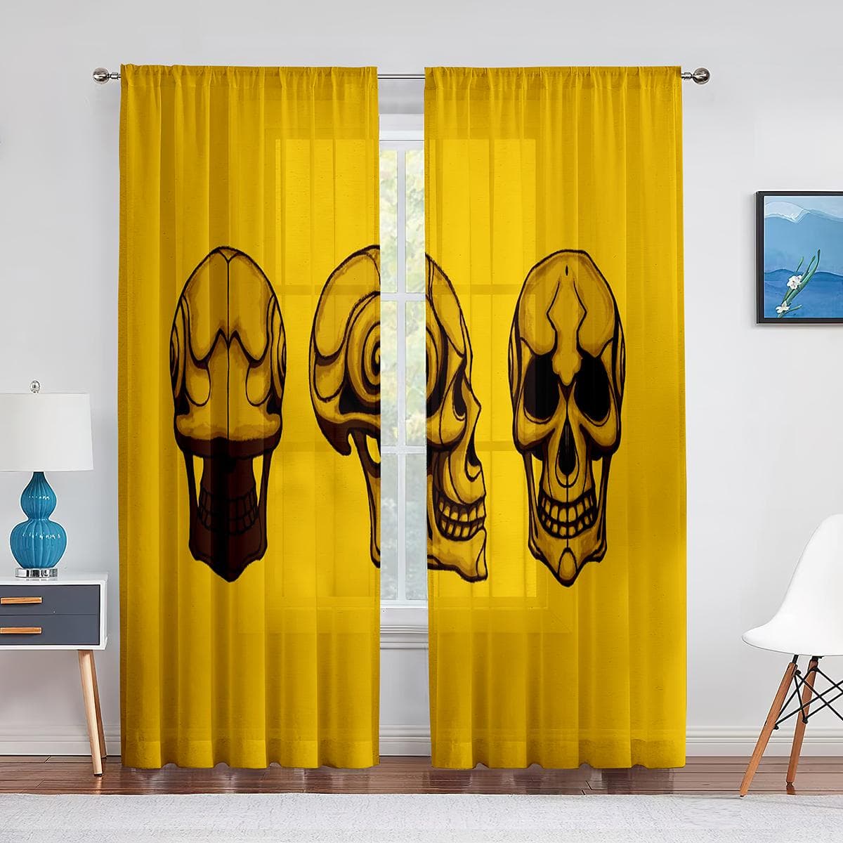 Skull Owl Wings Space Tulle Sheer Window Curtains for Living Room Bedroom Modern Tulle Voile Curtains Kitchen Drapes Decoration 1 PCS W100XH250cm&Grommet Top