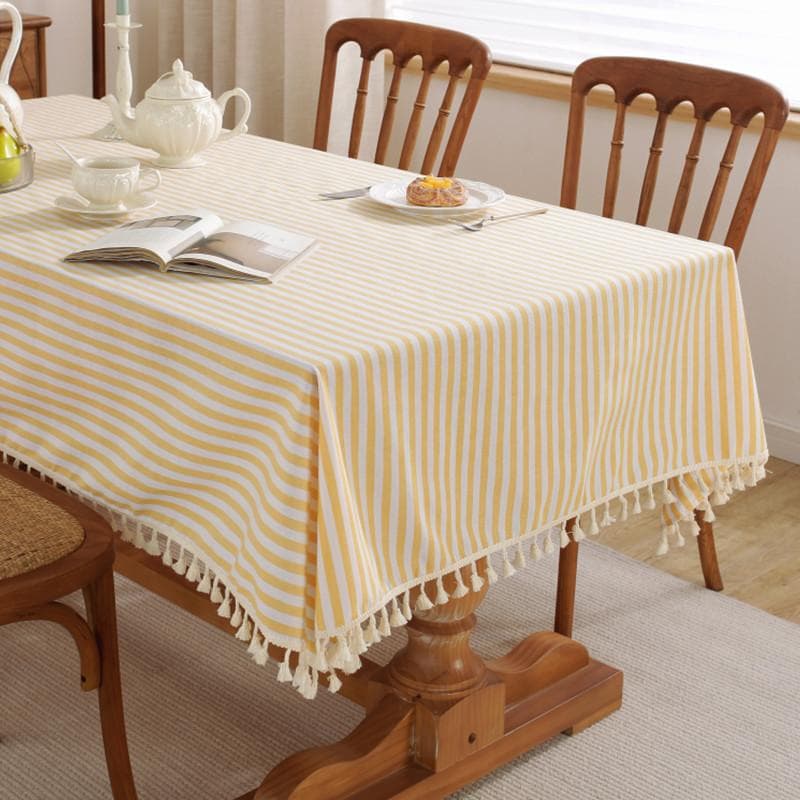Minimalist Striped Tablecloth Cotton Linen Tassel Anti Scalding Table Mat Rectangular Universal Dustproof Decorative Desk Cover 140x220cm