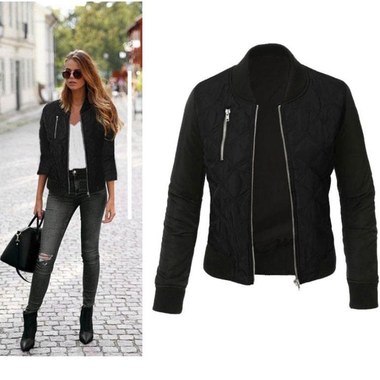 Autum Winter Women Basic Zipper Quilted Bomber Jacket Coat XXL black