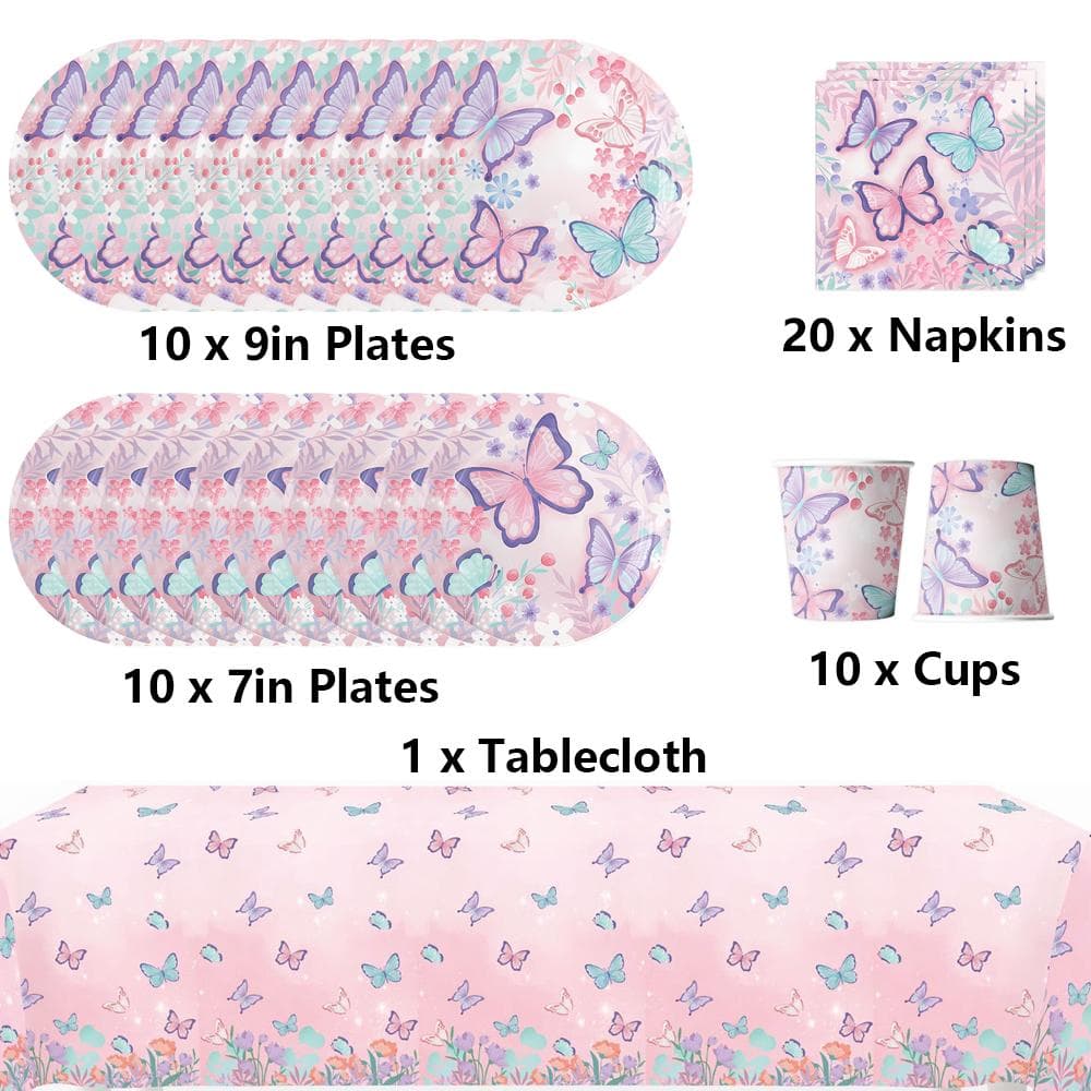 51pcs Pink Butterfly Party Tableware Including Plates Cups Napkins Tablecloth