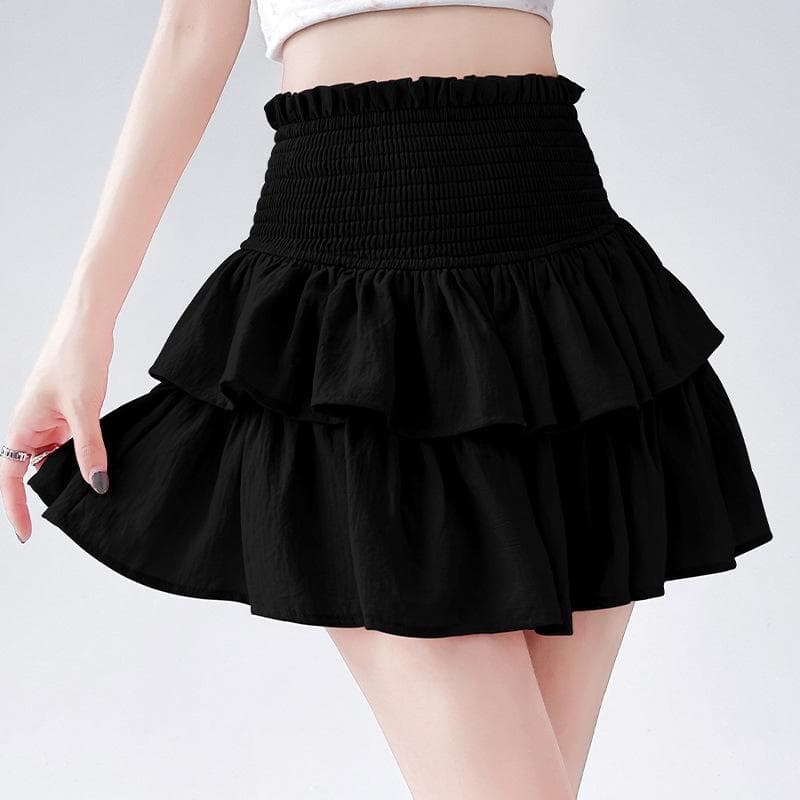White Chiffon Cake Short Skirt for Women In Summer Small Pleated High Waist Slim Ruffled A-line Fluffy Skirt XL black