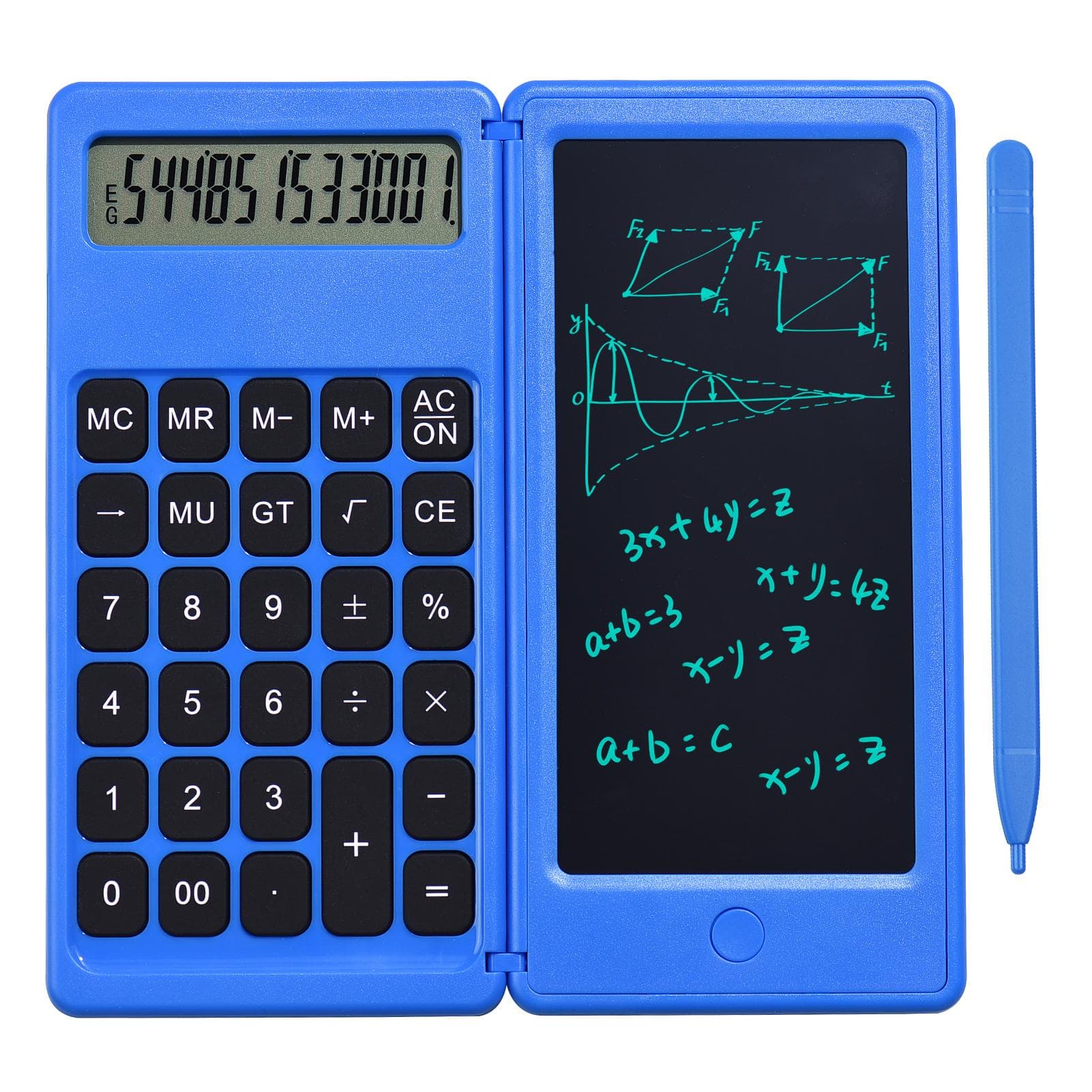 Foldable Calculator & 6 Inch LCD Writing Tablet Digital Drawing Pad 12 Digits Display with Stylus blue
