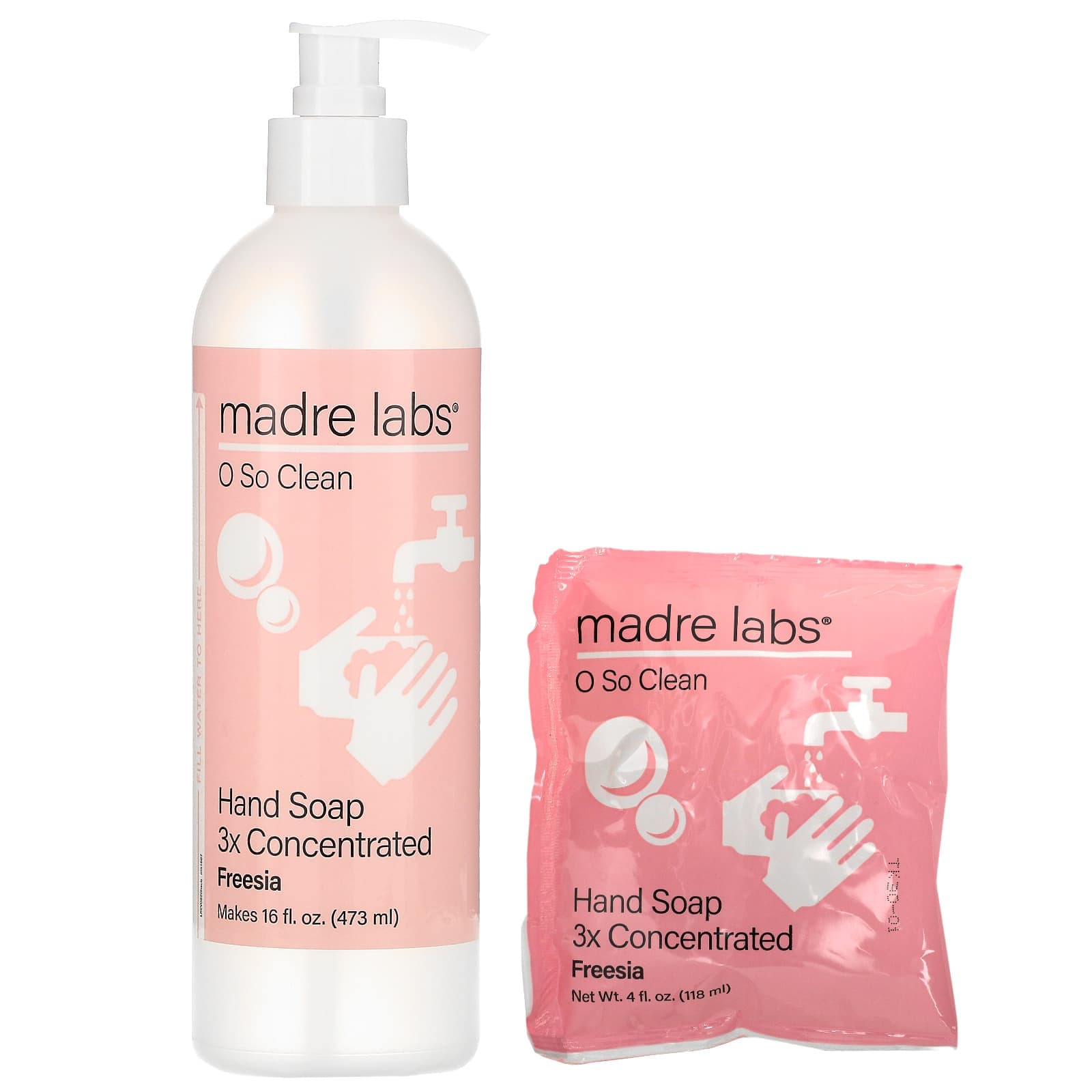 Madre Labs, Hand Sanitizer, 3x Concentrated, Freesia Fragrance, 1 Pouch + Reusable Container, 4 fl oz (118 ml)