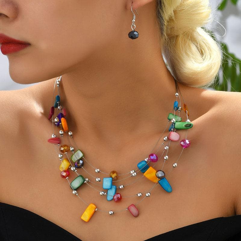 Bohemia Shell Crystal Beads Multi Layer Choker Necklace Earrings for Women Bridal Boho African Jewelry Sets Luxury Accessories multicolour