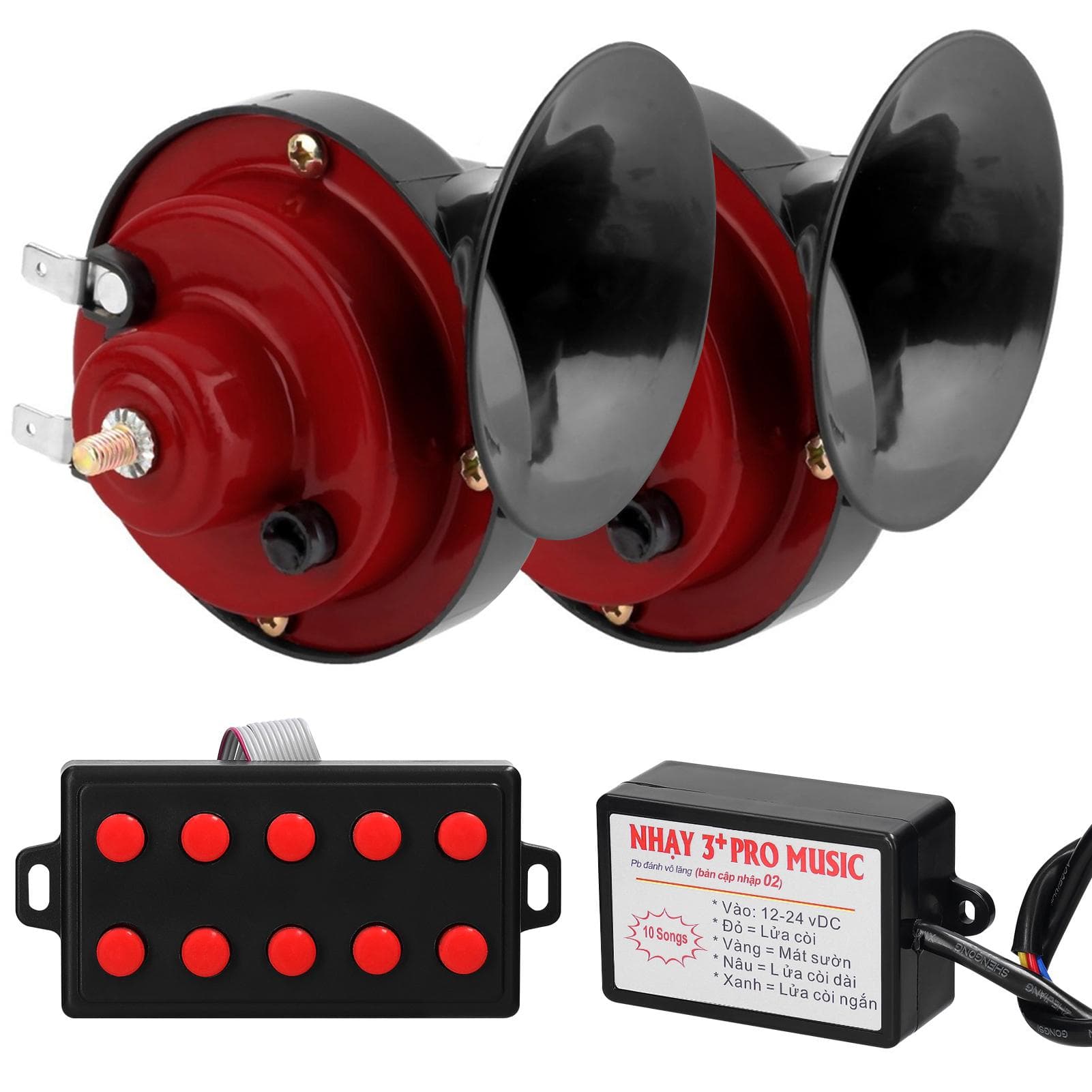 2PCS 12 V Universal Double Tone Horn Car Motorcycle Air Horn Loud Electric Snail Horn Waterproof 10 Sounds(Button Type) red