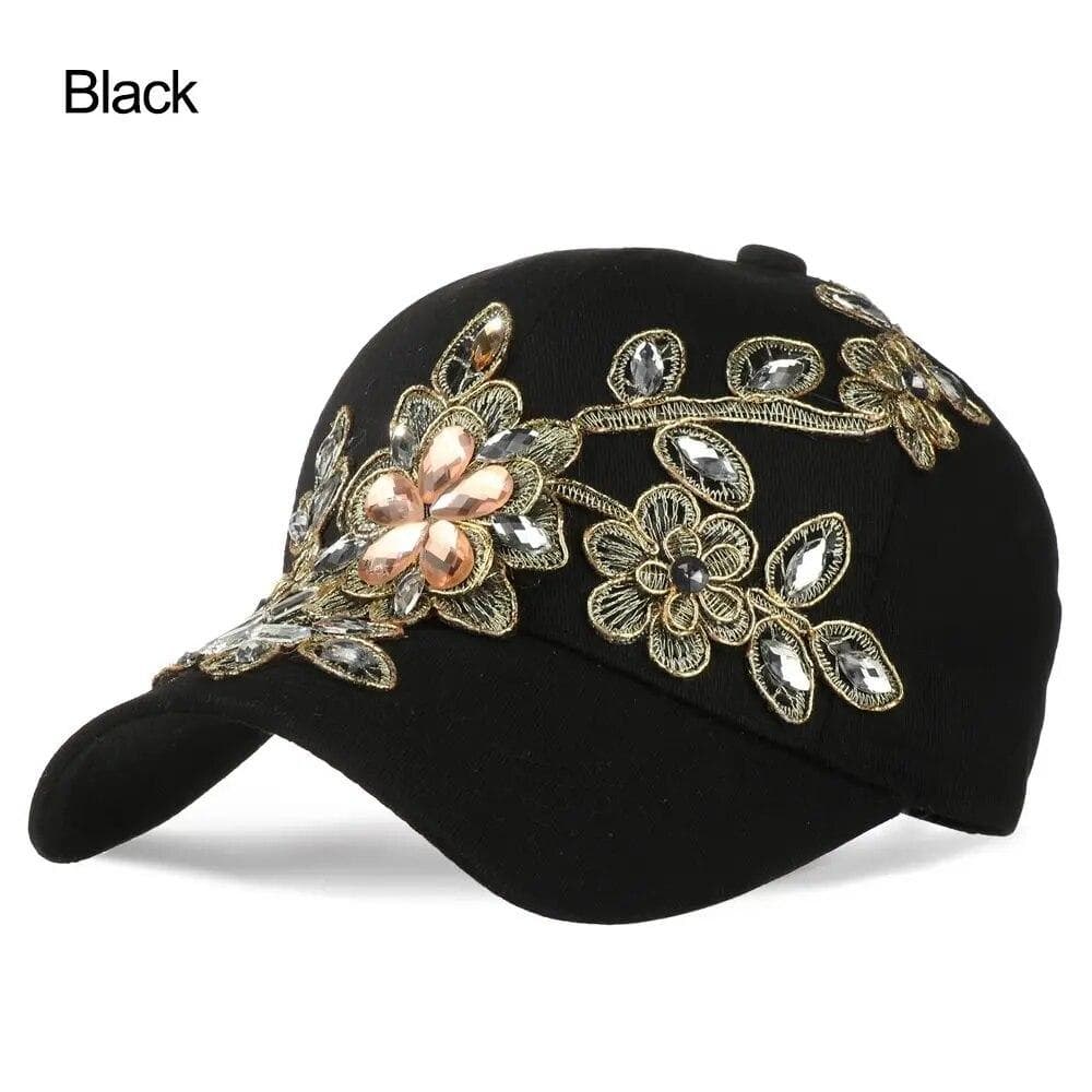 Outdoor Women Hat Rhinestone Flower Sports Baseball Cap Cowboy Sun Hat black