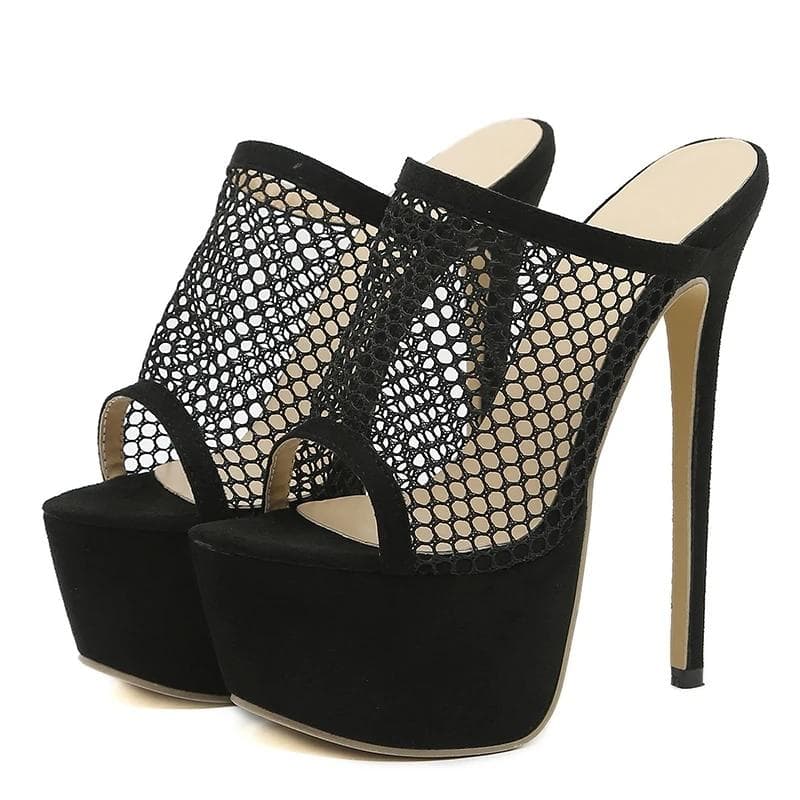 Liyke Sexy 16CM Extreme High Heels Platform Slipper For Women Hollow Out Mesh Open Toe Party Stripper Shoes Summer Sandal Female 35 black