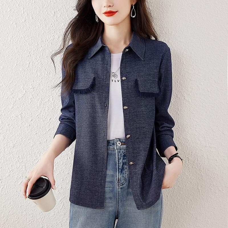 Slack and Fragrant Style Commuting Versatile Shirt for Women with Outer Shirt Loose Tassel Polo Collar Top for Women 3XL
