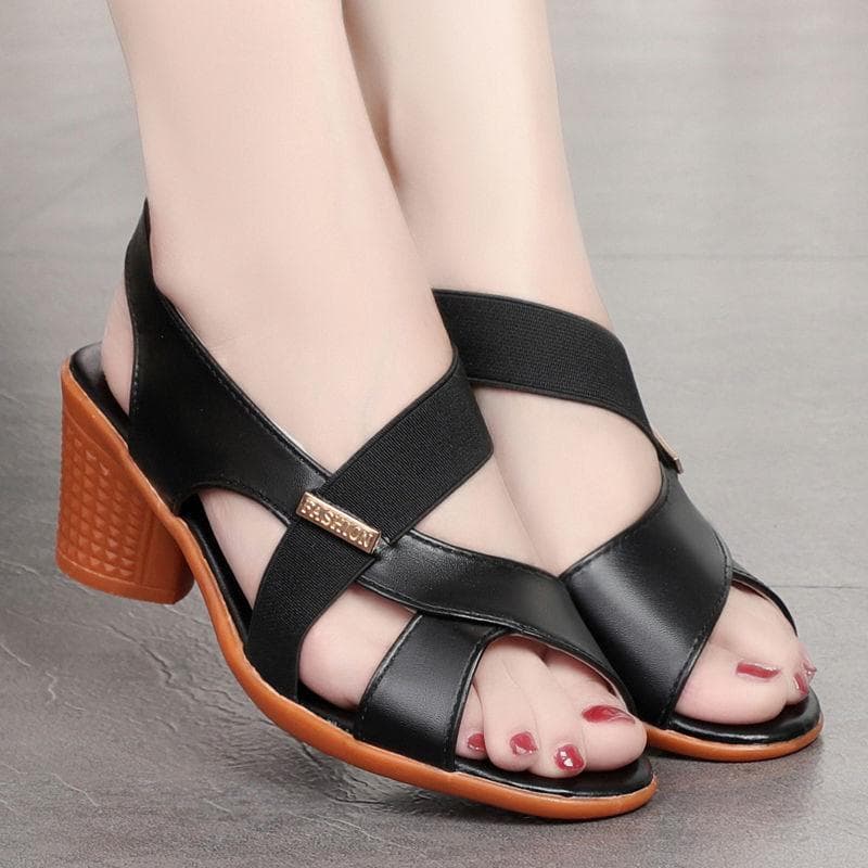 Mid-heel Sandals Women's Summer High-heeled Shoes Thick-heeled Fish Mouth Shoes Middle-aged and Elderly Comfortable Non-slip Soft Sole 35