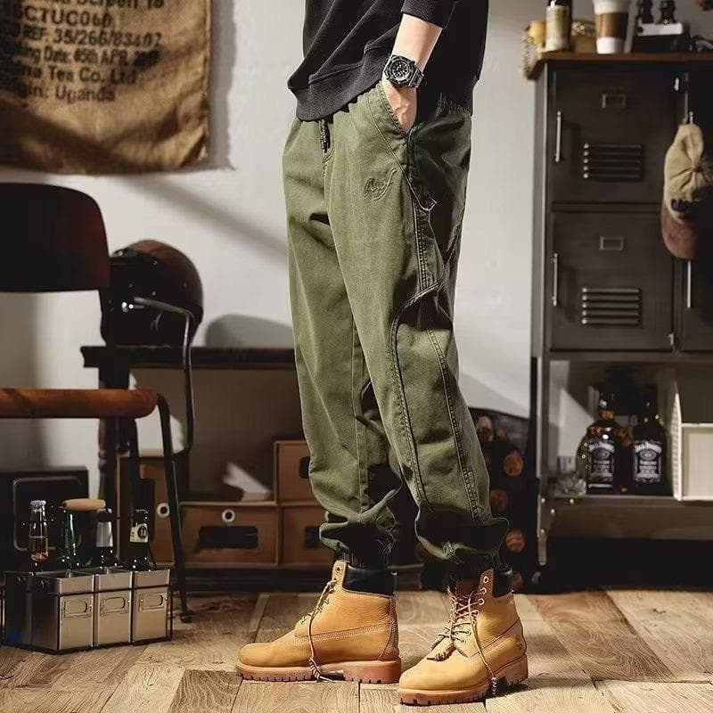 Spring and Summer American Retro Overalls Trendy Brand Trousers Men's Tied Feet Loose and Versatile Solid Color Casual Pants L green