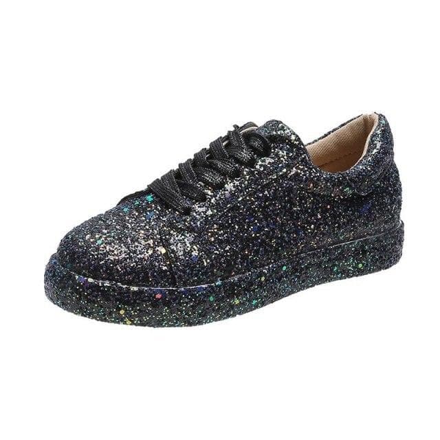Women Vulcanize Shoes Sneakers Sliver Bling Shoes Girl Flat Glitter Sneakers Casual Female Breathable Lace Up Sport Shoes 37 black
