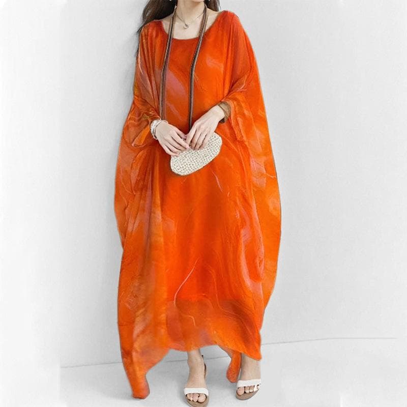 Women's Spring New Women's Clothing Temperament Elegant Fashion Printed Long Crew Neck Dress 2XL orange