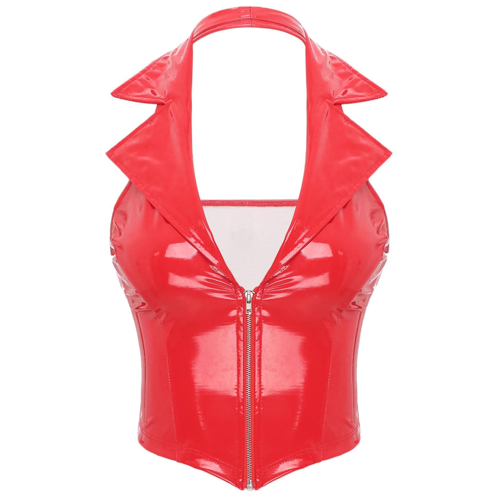 Women's PU Leather Crop Top Slim Fit Vest Tank Top Backless Camisole Shirt Tops L red