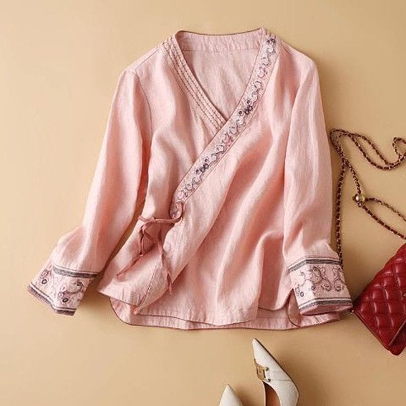 Spring Autumn Chinese Cotton Hemp Embroidery Women's Summer Hanfu Loose Comfortable Chinese Shirt Clothes XL pink